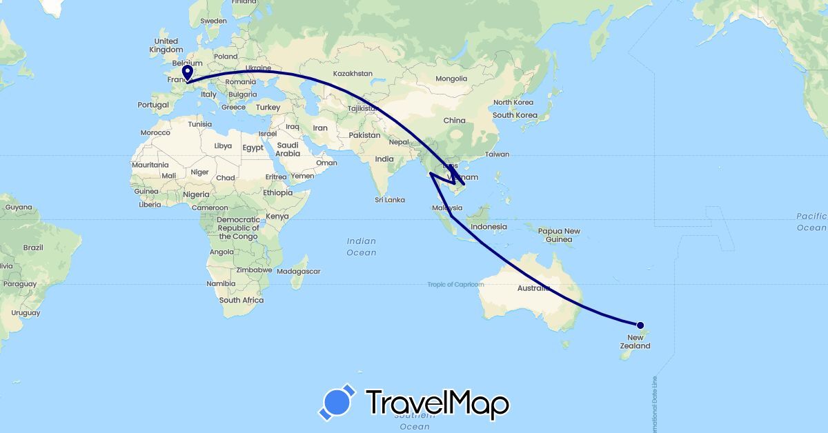TravelMap itinerary: driving in France, Indonesia, Cambodia, Laos, Myanmar (Burma), New Zealand, Singapore, Thailand, Vietnam (Asia, Europe, Oceania)